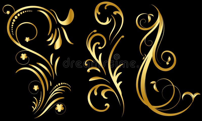 Conjunto de elementos florais dourados sobre fundo preto, borda fundamental, espirais e flores,Elemento decorativo de desenho par