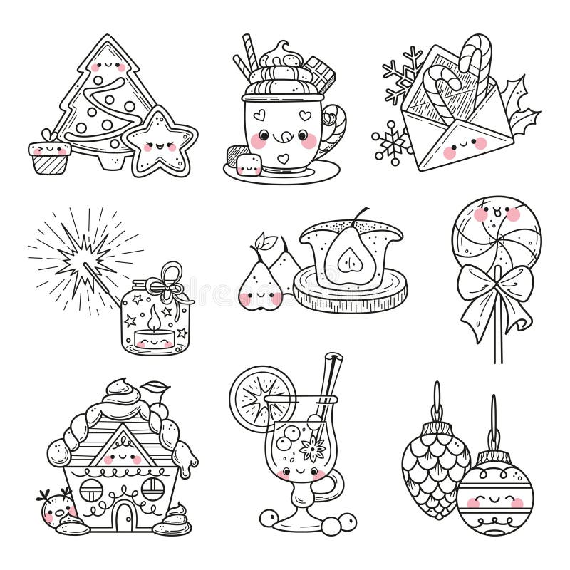 Página De Colorir Decorações De Natal Do Kawaii Para Crianças. Ilustração  Do Vetor De Desenho Animado Ilustração do Vetor - Ilustração de arte,  preto: 234876432