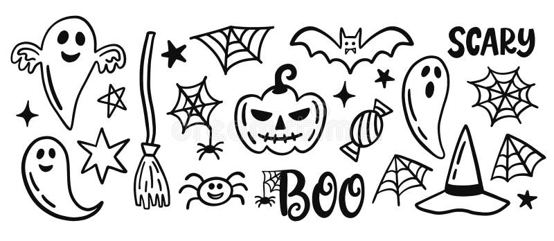 Página para colorir de halloween com objetos assustadores, fofos desenhados  à mão