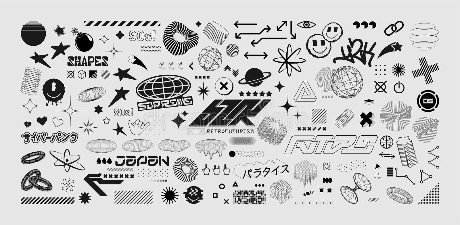 Conjunto de símbolos y2k em elementos de design de estilo retro-futurismo  para modelos de logotipo em estilo moderno