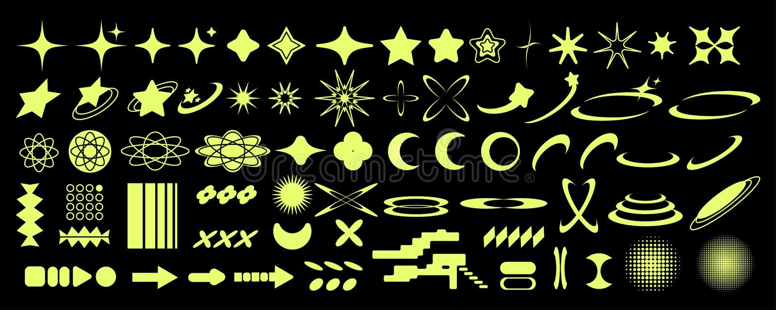 símbolos y2k. ícones de estrelas retrô, delírio ácido na moda e