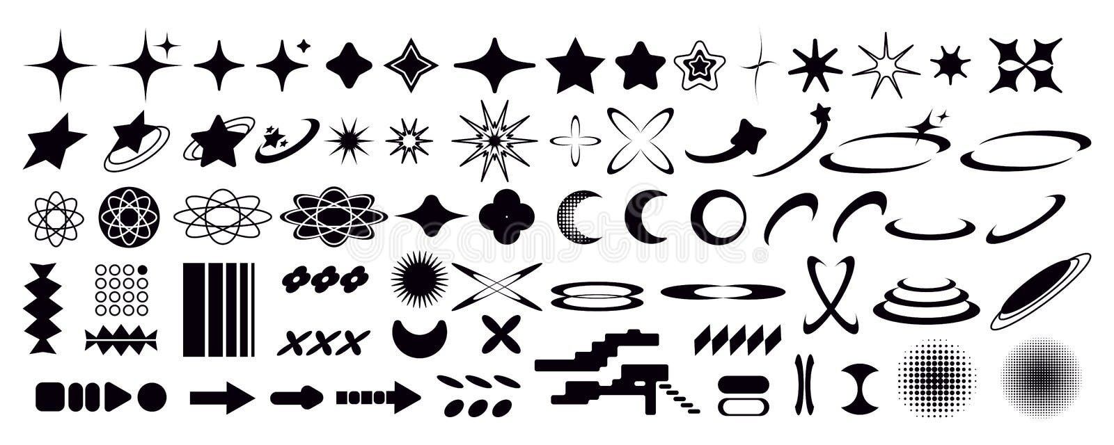 Símbolos y2k ícones de estrelas retrô, rave de ácido na moda e elementos  gráficos para cartazes e conjunto de vetores de design de moda streetwear