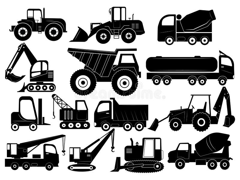 Conjunto de equipamentos de construção Coleção de silhuetas de equipamento de trabalho e automóveis Ilustração do vetor branco pr
