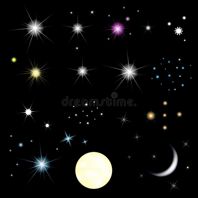 Conjunto de estrelas e lua ilustração do vetor