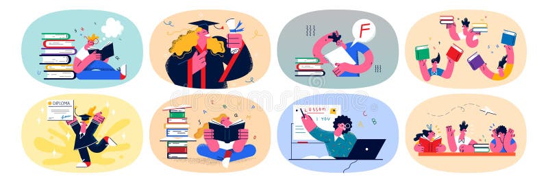 Conjunto de estudiantes diversos aprenden a estudiar en línea en la computadora stock de ilustración