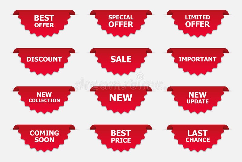 Conjunto de etiquetas en rojo aisladas en fondo blanco. Carteles de promoción. Ilustraci?n del vector stock de ilustración Conjunto de etiquetas en rojo aisladas en fondo blanco. Carteles de promoción. Ilustraci?n del vector stock de ilustración