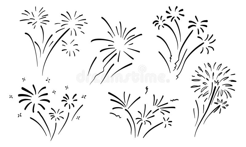 Conjunto de fogos de artifício mão de desenho sobre um fundo branco.  ilustração.