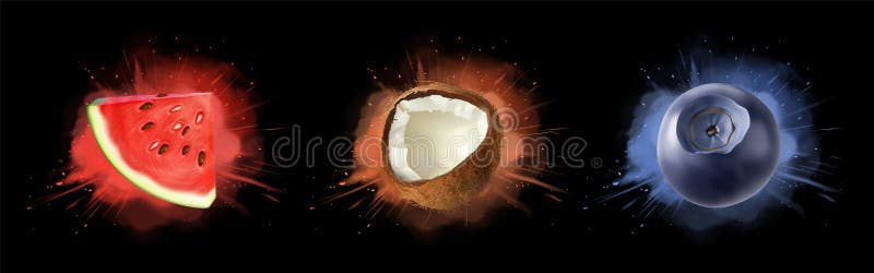 Conjunto de explosão de fruta com salpicos 3D realistas ilustração royalty free