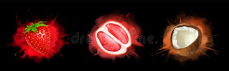 Conjunto de explosão de fruta com salpicos 3D realistas ilustração stock