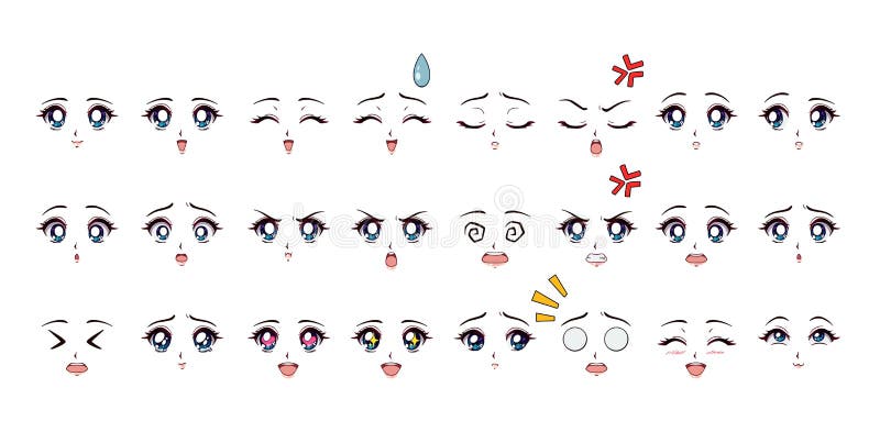 Conjunto De Expresiones De Estilo Anime De Dibujos Animados. Ojos Azules  Rosados Labios. Ilustración del Vector - Ilustración de grito, amor:  178762555