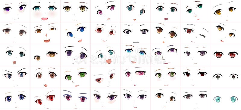Conjunto De Expresiones De Estilo De Anime De Dibujos Animados Vectoriales.  Caras Lindas De Kawaii. Ojos Diferentes Boca Cejas. Al Ilustración del  Vector - Ilustración de europa, aislado: 202434739