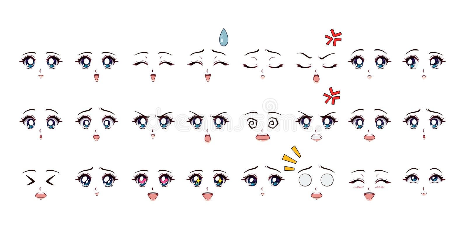 Expressão Manga. Expressões Faciais De Anime Girl. Olhos Boca E  Sobrancelhas Nasais No Estilo Japonês. Emoções Femininas De Manga  Ilustração do Vetor - Ilustração de olho, projeto: 196224040