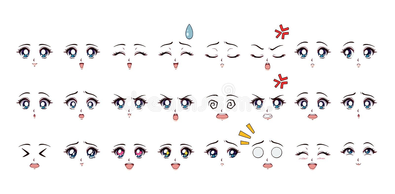 Conjunto De Expressões De Estilo De Anime De Desenho Animado Olhos  Diferentes, Boca, Sobrancelhas Ilustração do Vetor - Ilustração de  irritado, riso: 158745125