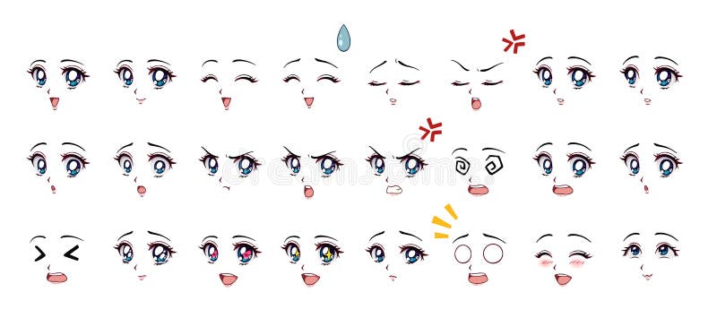 Vetores de Expressão De Mangá Olhos De Menina Boca Sobrancelhas Anime  Mulher Enfrenta Personagem Feminina Em Desenho Animado Japonês Ou Coreano  Estilo Kawaii Várias Emoções Sentimentos Pessoas Sentimentos Vetor Conjunto  Isolado e