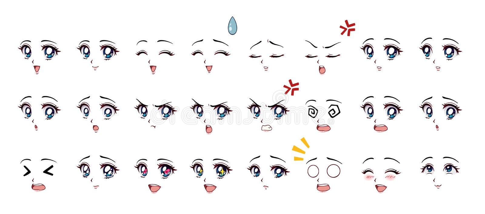 Olhos Das Emoções De Meninas Do Manga Do Anime Ilustração do Vetor -  Ilustração de boca, diferente: 136700795