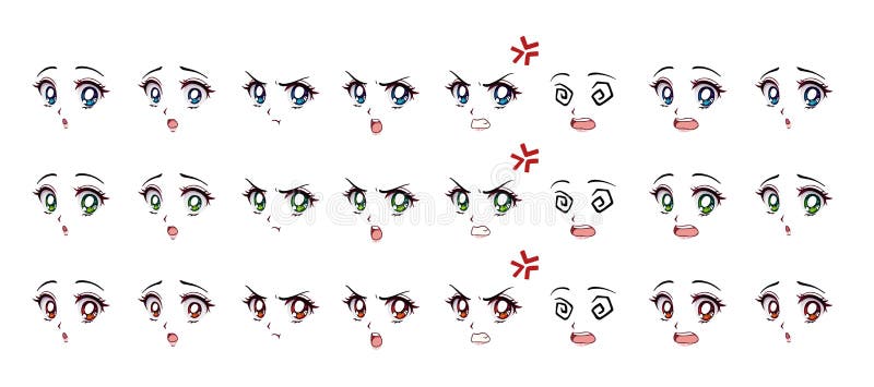 Coleção de esboços de olhos com diferentes emoções no estilo japonês.