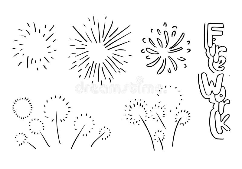 Conjunto de fogos de artifício mão de desenho sobre um fundo branco.  ilustração.