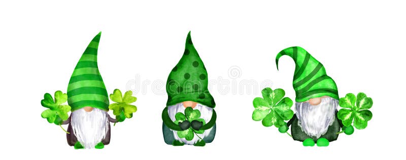 Conjunto de gnomos do dia do patrick em chapéus estilhaçados e decorados com quatro folhas trevas símbolos de sorte. verde aquarel