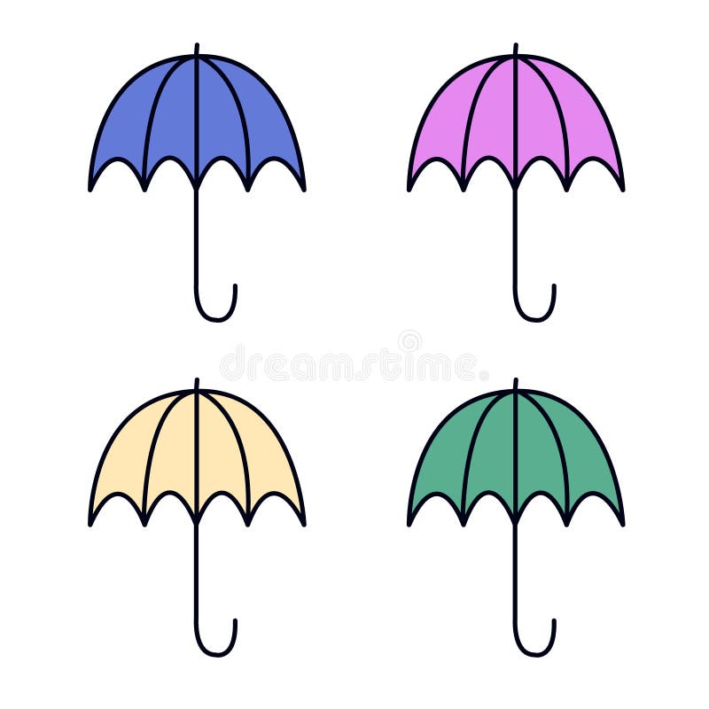 Conjunto de 4 guarda-chuvas vetoriais de cores bonitas no estilo de design plano Ícones de moda abertos Acessório da tampa Estilo ilustração stock Conjunto de 4 guarda-chuvas vetoriais de cores bonitas no estilo de design plano Ícones de moda abertos Acessório da tampa Estilo ilustração stock