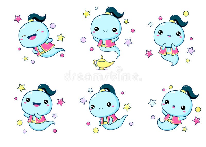 Set of kawaii genie. Collection of little genie expressing different emotions. Cute fairy tale characters. Vector EPS 8. Set of kawaii genie. Collection of little genie expressing different emotions. Cute fairy tale characters. Vector EPS 8