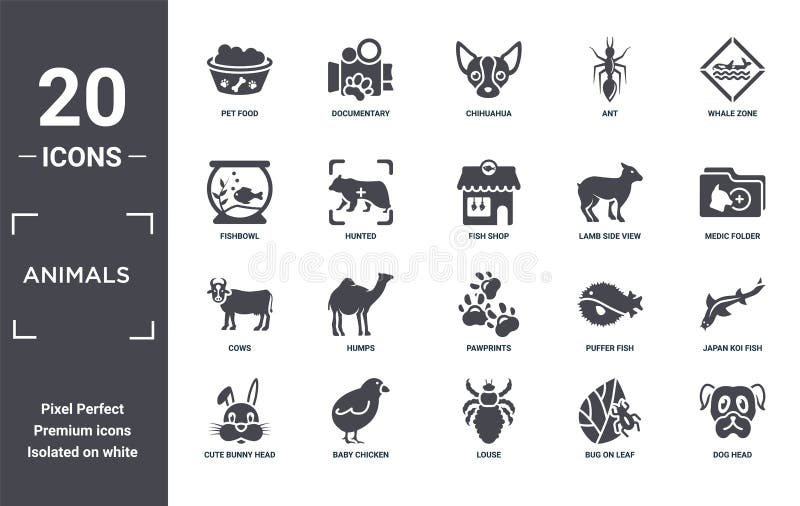 Conjunto de iconos de animales. incluir elementos creativos como alimento para mascotas zona de ballena cordero vista lateral pawprints bebé vacas de pollo rellenas iconos para el diseño web informe de presentación y diagrama