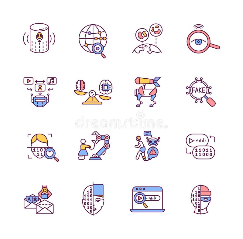 Conjunto de iconos de color rgb de inteligencia artificial stock de ilustración