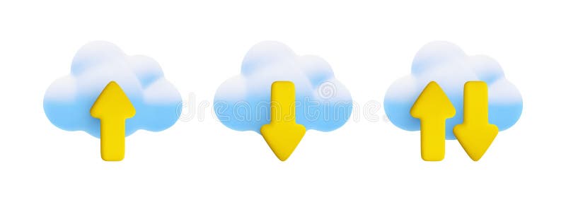 Conjunto de iconos de computación en nube 3d de dibujos animados vectoriales. representación realista de la carga de descarga en n ilustración del vector