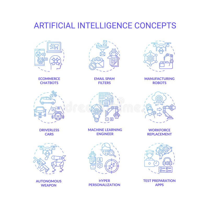 Conjunto de iconos de concepto de inteligencia artificial stock de ilustración