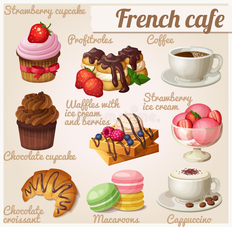 Conjunto de iconos del alimento Café francés Magdalena del chocolate con la bifurcación stock de ilustración Conjunto de iconos del alimento Café francés Magdalena del chocolate con la bifurcación stock de ilustración
