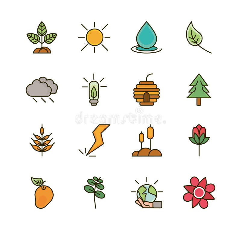 Conjunto De Iconos De Dibujo De La Ecología Botánica De La Naturaleza  Ilustración del Vector - Ilustración de lluvia, follaje: 170078070