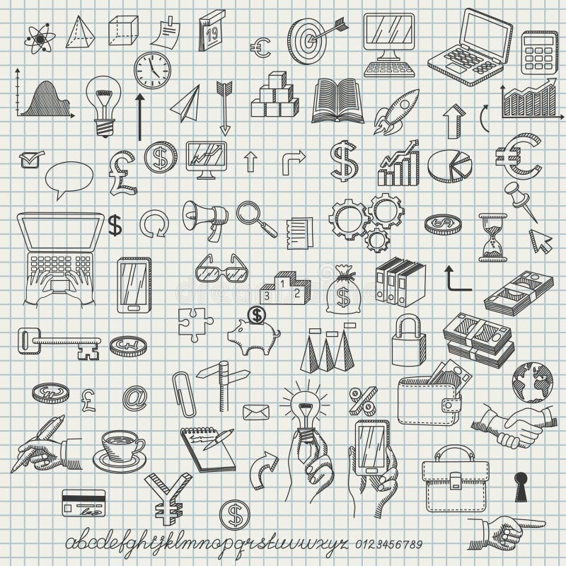 Conjunto de iconos drenados mano stock de ilustración Conjunto de iconos drenados mano stock de ilustración