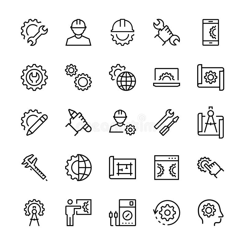 Conjunto de iconos de ingeniería y fabricación en estilo de línea delgada. símbolos vectoriales