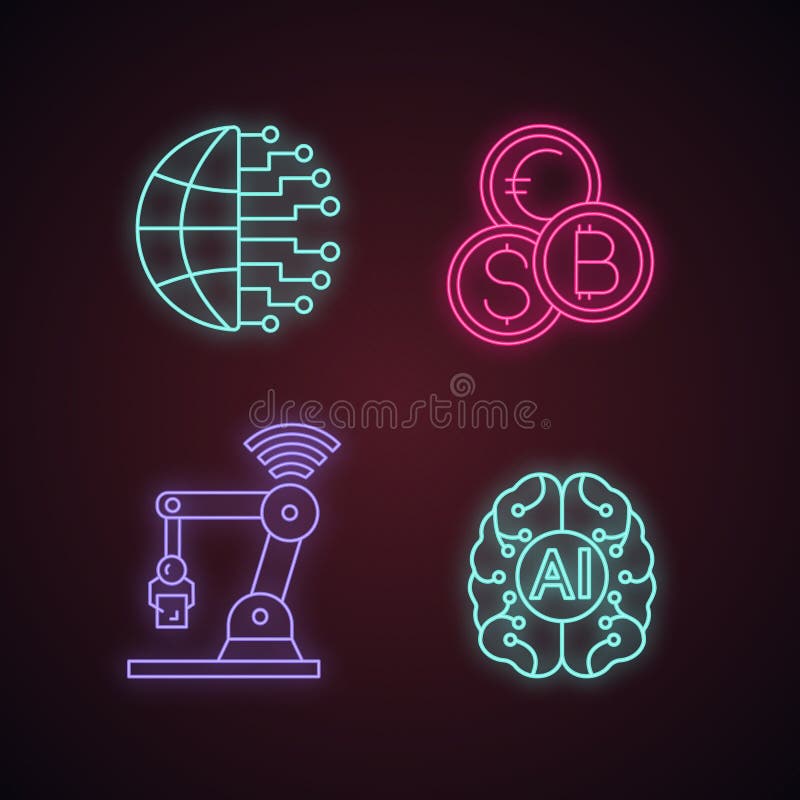 Conjunto de iconos de luz de neón de inteligencia artificial libre illustration