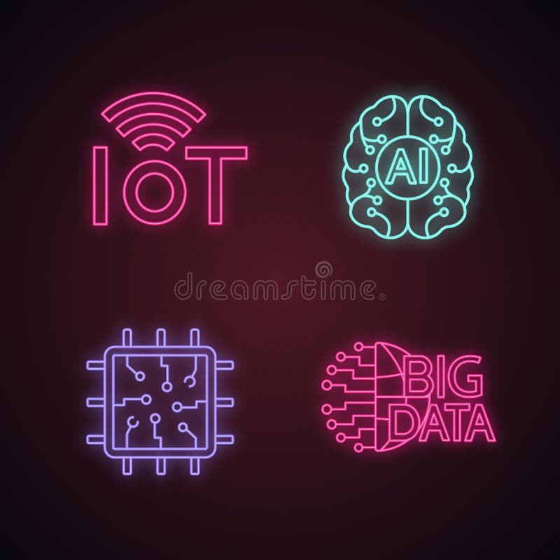 Conjunto de iconos de luz de neón de inteligencia artificial libre illustration