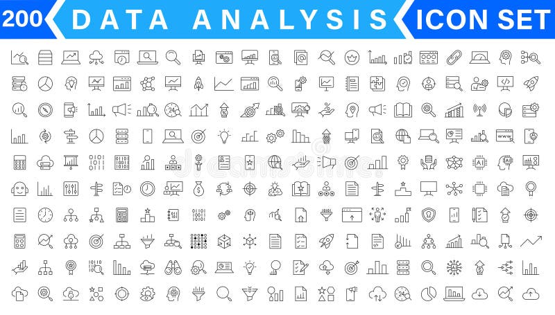 Conjunto de iconos de línea delgada de análisis de datos. pictogramas de esquema de procesamiento de datos para sitio web y aplicación móvil gui. análisis digital simple ui ux vectores iconos