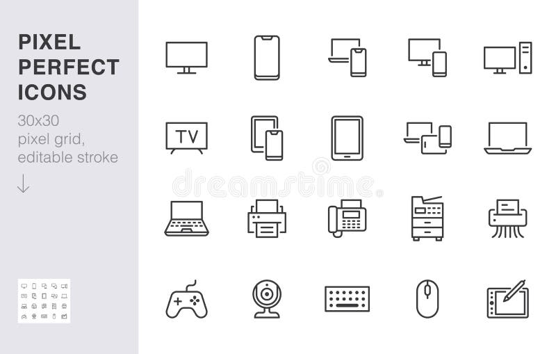 Conjunto de iconos de línea de dispositivos Computadora, portátil, teléfono móvil, fax, escáner, ilustraciones vectoriales mínima