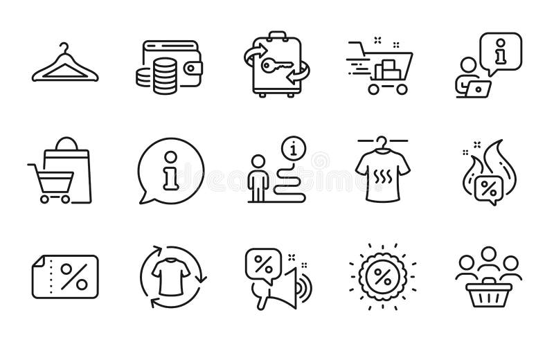 Conjunto de iconos de moda. icono incluido como ropa de cambio descuento banner carrito de compras. vector. los descuentos ofrecen los símbolos de la oferta caliente de la camiseta seca. dinero de la cartera de descuento para equipaje. compradores.