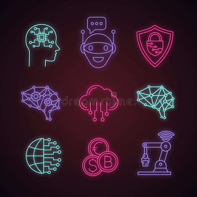 Conjunto de iconos de neón de inteligencia artificial ilustración del vector