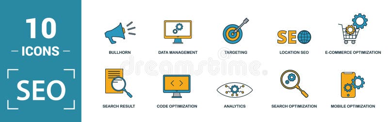 Conjunto de iconos Seo Incluir elementos creativos optimización de búsqueda, resultado de búsqueda, solución correcta, optimizaci stock de ilustración Conjunto de iconos Seo Incluir elementos creativos optimización de búsqueda, resultado de búsqueda, solución correcta, optimizaci stock de ilustración
