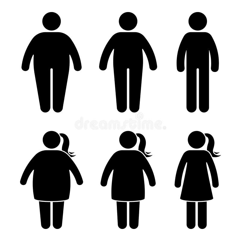 Fat stick figure vector icon set. Obese people couple black and white flat style pictogram on white background. Fat stick figure vector icon set. Obese people couple black and white flat style pictogram on white background