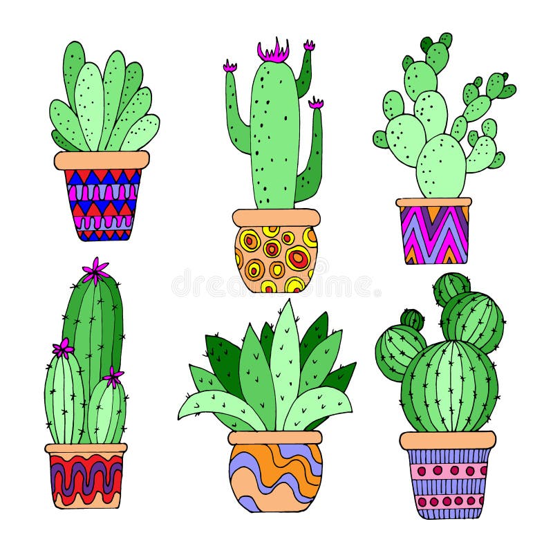 Conjunto de diferentes cactos verdes em pote de desenho em fundo