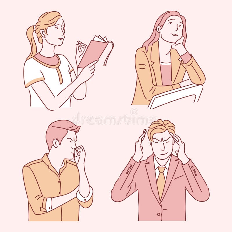 Conjunto de ilustraciones de color plano pensadas por personas Mujeres jóvenes reflexivas y soñadoras, confundidos hombres de neg ilustración del vector Conjunto de ilustraciones de color plano pensadas por personas Mujeres jóvenes reflexivas y soñadoras, confundidos hombres de neg ilustración del vector