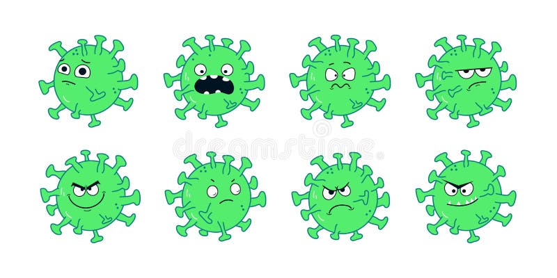 Conjunto de ilustração do vetor de cartoon coronavírus. bactérias fofinhas irritadas e fofinhas do vírus da corona