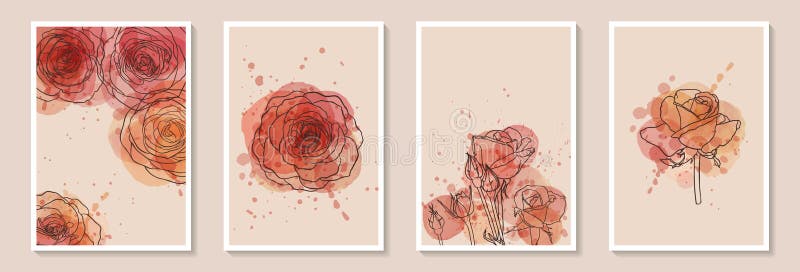 Conjunto de ilustrações criativas minimalistas de desenho de mão com contorno floral com mancha de aquarela rosa e salpicos. proje