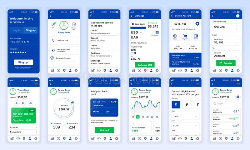 Conjunto de interfaces de usuario, UX, pantallas GUI Plantilla de diseño plano de aplicación bancaria para aplicaciones móviles