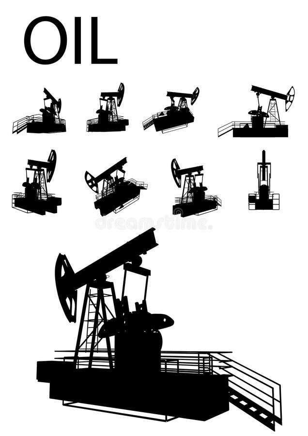 Conjunto de la silueta de la plataforma petrolera stock de ilustración Conjunto de la silueta de la plataforma petrolera stock de ilustración