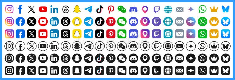 Conjunto de logotipos de los contactos de medios sociales. facebook instagram youtube whatsapp tiktok bluesky. sitio web de direcc libre illustration