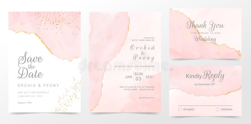 Conjunto de modelos de cartões de convite para casamento em ouro rosa Fundo de aquarela artística de pincelada rosa pincelada Des