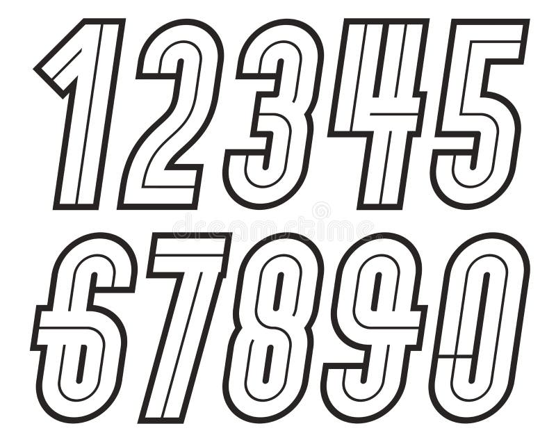 Fonte preta arredondada de pôster e números em fundo branco, letras  listradas retrô.
