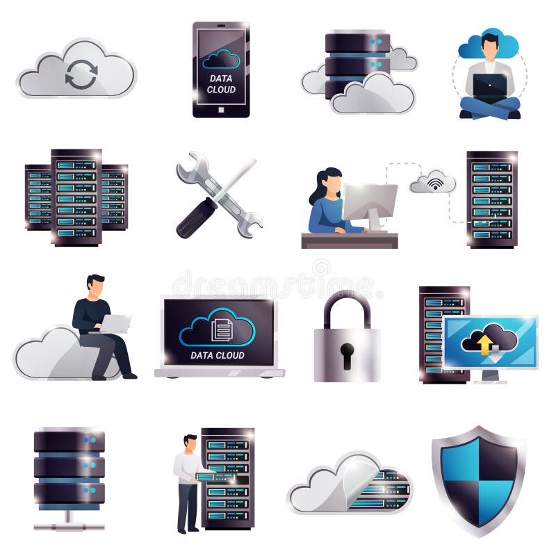 Conjunto de nube de servidor de hospedaje de centros de datos ilustración del vector